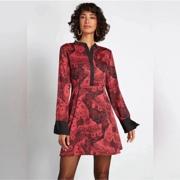Modcloth | Dresses | Modcloth Womens Size 8 Red Black Retro Romance Mini Dress Long Sleeve Floral | Poshmark
