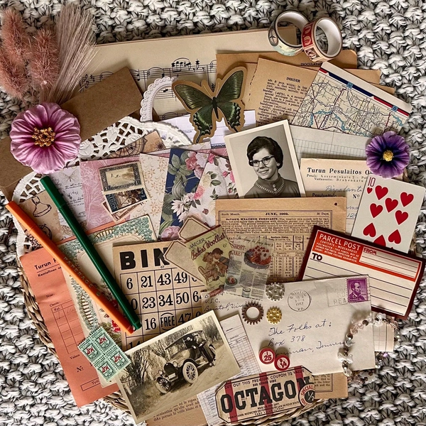 Vintage Inspired Ephemera Junk Journal Kit,  Scrapbook, Collage Supplies