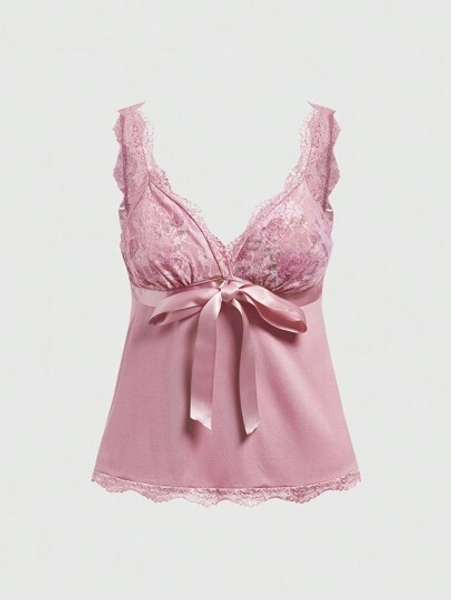 ROMWE Kawaii Women Contrast Lace Rose Pattern Bow Detail Bow Decoration Doll Style Tank Top For Summer, School