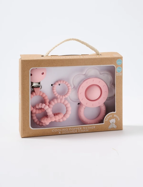 Teeny Weeny Silicone Cooling Teether & Soother Chain Set, Pink
