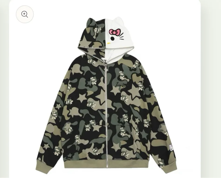 Hellokitty Camouflage Hoodies Fall Jacket Oversized Sweatshirts Casual Drawstring Zip Up Y2K Hoodie with Pocket