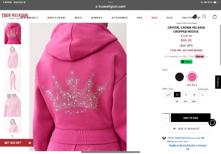 

CRYSTAL CROWN RELAXED CROPPED HOODIE  | True Religion

