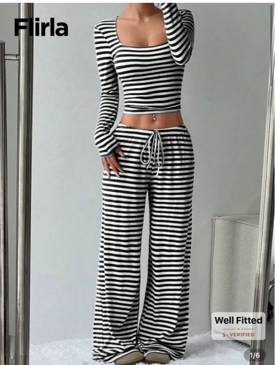 SHEIN long sleeve square neck matching set ( black and white strip) 