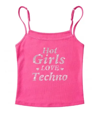 Rhinestone Hot Girls Love Techno Y2K Spaghetti Strap Cami Cherrykitten