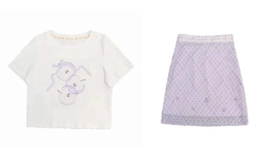 Conjunto Bibi Bency Petite Summer de camiseta branca estampada de manga curta com saia roxa de tule que desafia a idade.