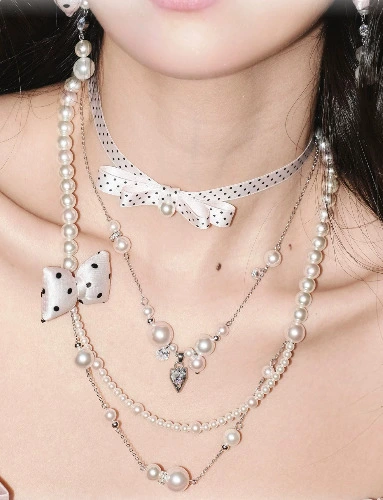 [Same Style as Korean Groups] Pp《Dorothy》Polka Dot Miu Style Double-Layer Sweater Chain Bowknot Pearl Necklace