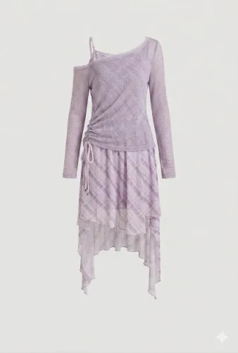 Conjunto de duas peças COTRE Wind Chime Purple Swing Collar Sun Protection Top + Plaid Tank Top Sleeveless Dress