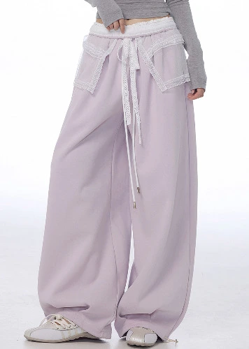 Ngoo Double Waistband Design Purple Sweatpants for Women, Spring High-Waisted Drawstring Wide-Leg Pants, Casual Scimitar Sweatpants