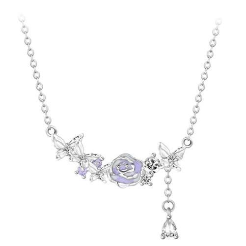 Viviwell Butterfly Rose Sparkling Diamond Butterfly S925 Sterling Silver Necklace for Women, Light Luxury, Unique Design, Clavicle Chain