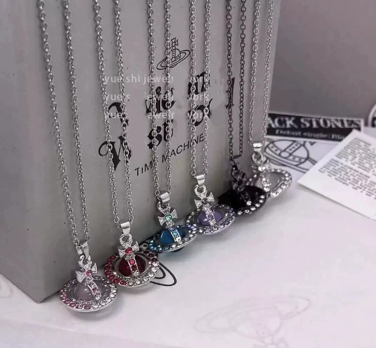 High-End Ultra-Shiny Saturn Gradient Full Diamond Exquisite Collarbone Chain Three-Dimensional Orb Medium-Sized Necklace Light Luxury High-End Earrings