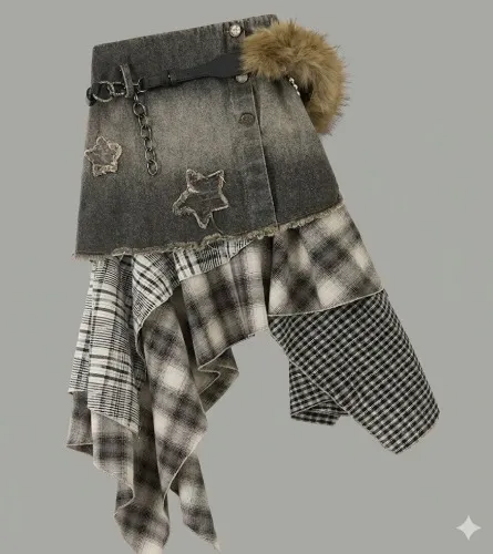 Saia midi irregular ALL iN!plan Original em patchwork de jeans lavado com textura felpuda