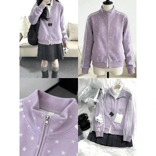 Korean Retro Purple All-Over Star Print Sweatshirt for Women, Spring, Autumn, and Winter, Stylish Loose Cardigan, Versatile Trendy Jacket