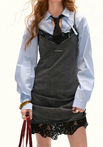 Mamc Patchwork Lace Pleated Spaghetti Strap Dress for Women, 2025 Autumn New Style, Gray Elegant Spaghetti Strap Dress