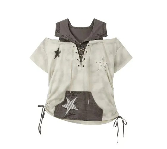 ALLiN! plan Camiseta feminina de manga curta com capuz, design asiático original e leve, conjunto de duas peças com cordão e estampa de estrela d