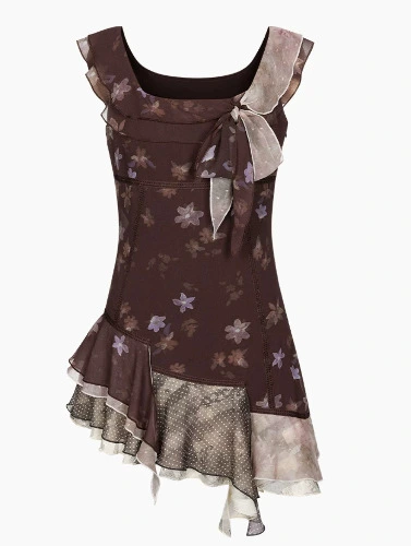 Echochic'Purple Rhythm Luo Lan' Retro Ruffled Dress for Women, Exquisite Purple Lace Square-Neck Dress