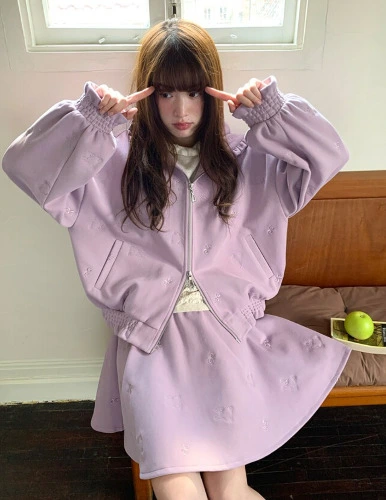 Jingyeyue Purple Embroidered Rabbit Spring and Autumn Women's Jacket Versatile Zipper Hooded Sweatshirt Skirt Pants Set