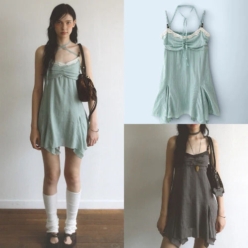 Korean Niche Badblue Same Style 26 Spring/Summer New Korean Retro Lace Patchwork Spaghetti Strap Dress