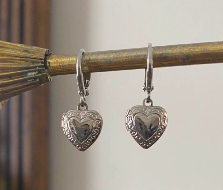 Silver Heart Locket Huggie Hoop Earrings