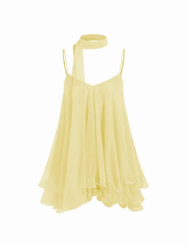 Sequin V-Neck Halter Ruffled Hem Oversized Mini Dress With Scarf