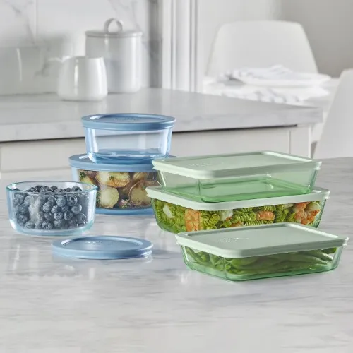 Pyrex Simply Store Tinted 12-Piece Glass Food Storage Container Set, Grenn & Blue