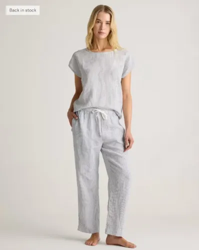 100% European Linen Pajama Set in Blue Pinstripe