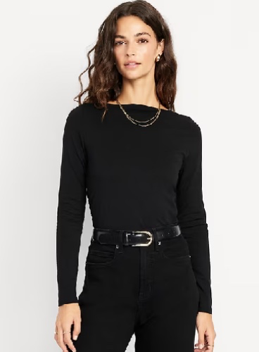 Long-Sleeve Slit-Neck Ruched Top | Old Navy / Black