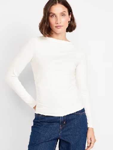 Long-Sleeve Slit-Neck Ruched Top | Old Navy / White