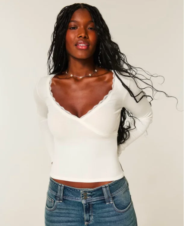 Long-Sleeve Lace Trim Wrap Top