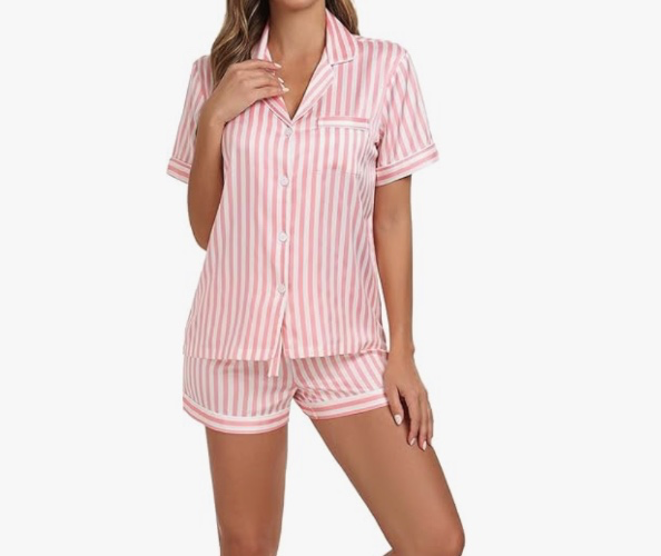Serenedelicacy Women's Satin Pajama Set 2-Piece Sleepwear Loungewear Button Down Short Sleeve Silky PJ Set