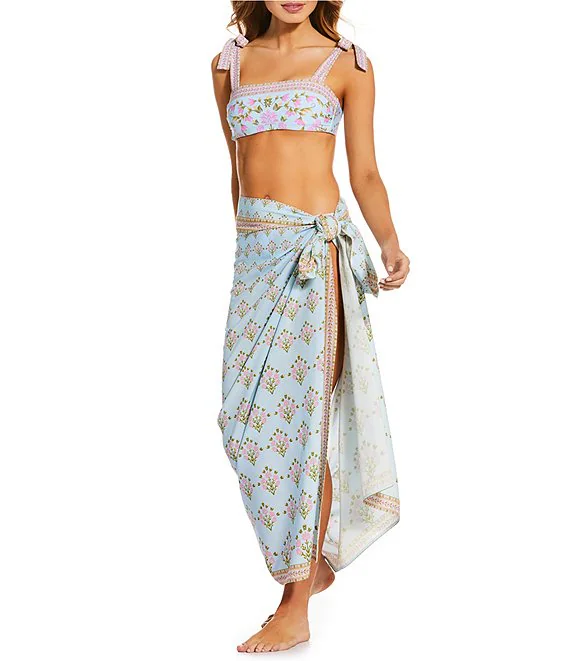 A Loves A Traditional Blooms Ice Blue Reversible Border Print Tie Shoulder Bandeau Swim Top & Border Print Pareo Swim Cover-Up | Dillard's