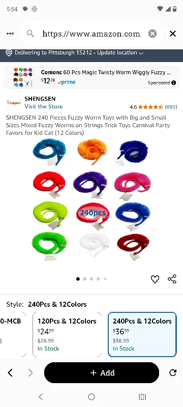 SHENGSEN 240 Pieces Fuzzy Worm Toys with Big and Small Sizes Mixed Fuzzy Worms on Strings Trick Toys Carnival Party Favors for Kid Cat (12 Colors)