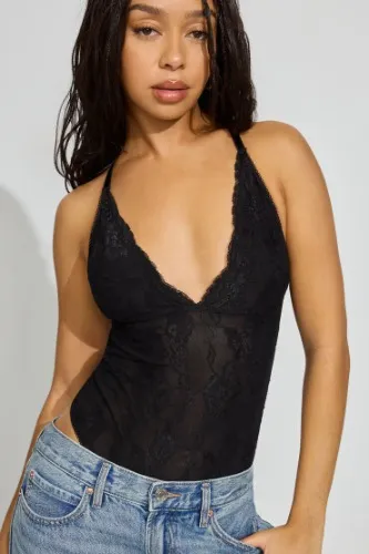 jet black Lace Plunge Crossback Bodysuit