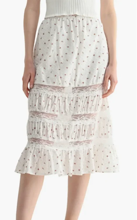 Lace Inset Floral Cotton Midi Skirt