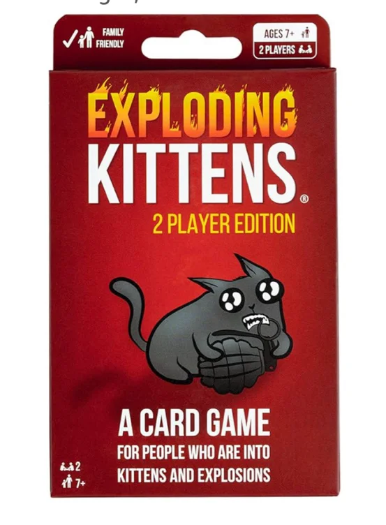 Amazon.com: Exploding Kittens 2-Player Original Edition - 2 Players - Ages 7+ - 10 Minutes to Play - High Stakes Card Game - Couples Game, Family Game Night, Kid and Adult Card Game : Toys & Games