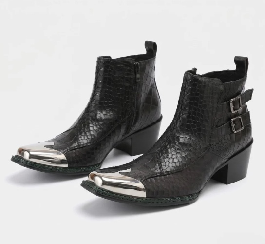 Men Western Cowboy Boots – Cowhide Ankle Boots with Serpentine Print and Metal Detail - Black / Male : UK 5 - EU 38 - US 6