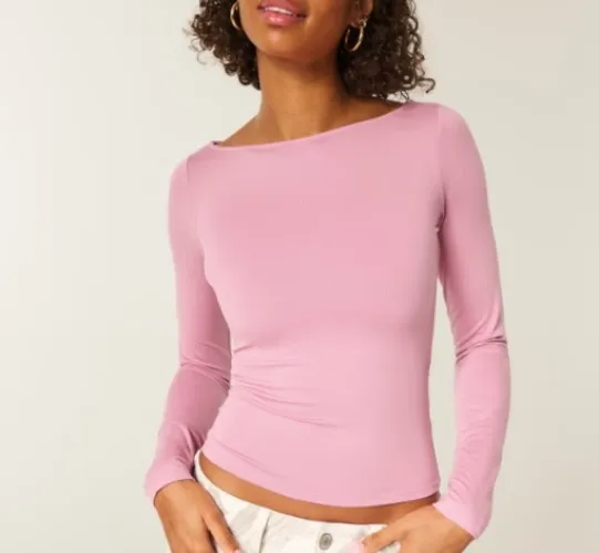 Long-Sleeve Seamless Fabric Slash-Neck Top