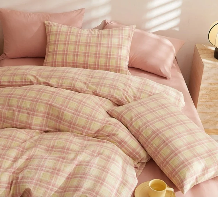 Fresh Plaid Washed Cotton Duvet Cover - Pink & Yellow - Large