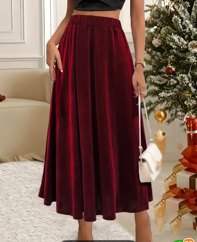womens elegant red velvet skirt   length flared hem - Temu