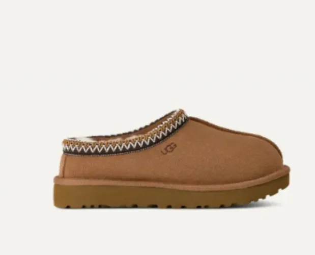 UGG® Women's Tasman II Sheepskin Slippers in Sand/Dark Cherry, Size 8