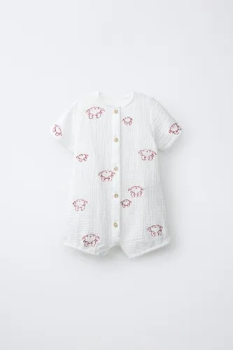 EMBROIDERED CRAB TEXTURED ROMPER - Ecru / Red