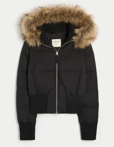 Faux Fur Trim Puffer Bomber Jacket