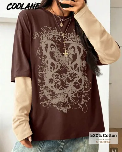 Coolane Women's & Men's Streetwear Brown Autumn Everyday Cotton Graphics Oversized Long Sleeve T-Shirt,Vintage Goth Grunge Punk Patchwork Beige Round Neck