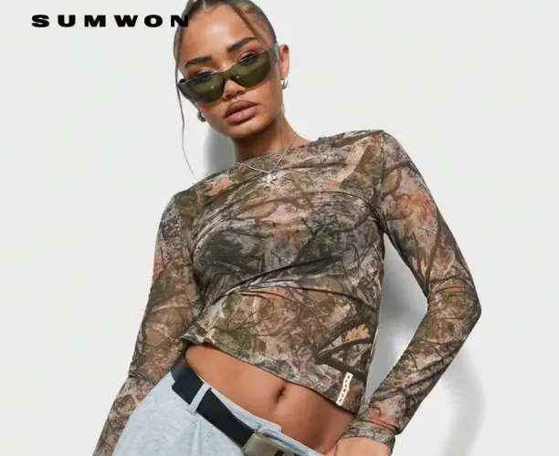 SUMWON WOMEN Woodland Camouflage Long Sleeve Mesh Top Autumn Layering Piece Hunting Season Outdoor Adventure Casual Fall Style Sheer C