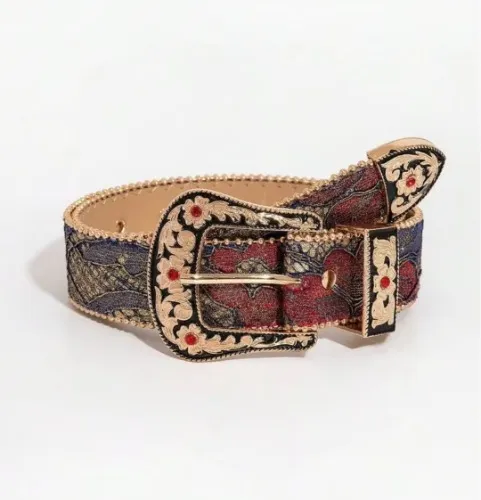 1pc Women's Gemstone Carving Buckle Multi-Color Palace Embroidery Pattern PU Leather Belt Summer, School Fall, Autumn, Halloween