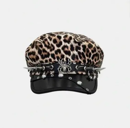 Grunge Punk 1pc Women Punk Leopard Print Spider Rivet Leather Beret Hat