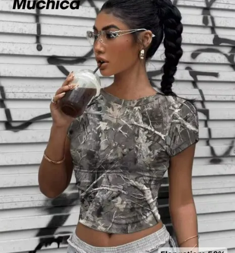 Muchica Vintage Retro Street Autumn Withered Branches Camouflage Tight-Fitting Cropped T-Shirt, Summer Back To School
