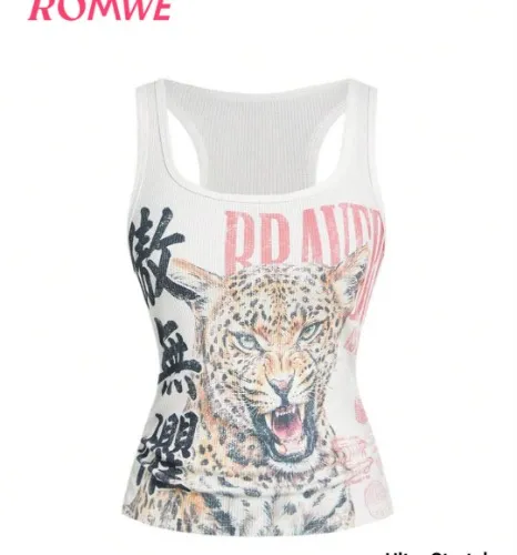 ROMWE Avant Women's Retro New Chinese Style Leopard Chinese & English Print All-Match Tank Top, Versatile