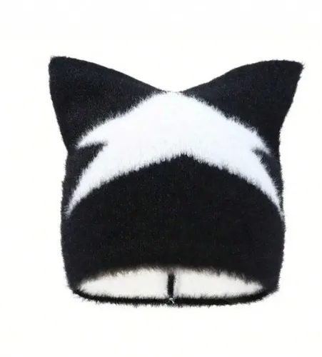 1pc Men's New Cute Street-Style Pentagram Embroidery Fluffy Cat Ear Knitted Beanie Hat, Warm Ear Protection, Autumn Fall Outfit