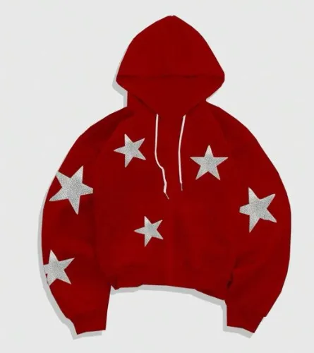 ROMWE MEN Street Life Men's Casual Star Print Pocket Drawstring Zip-Up Hooded Sweatshirt, Autumn, Long Sleeve Top
