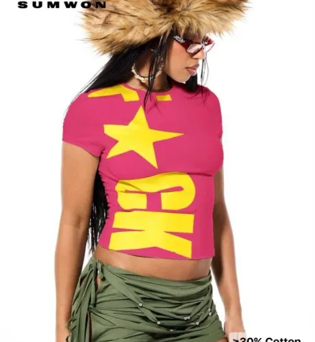 SUMWON WOMEN Graphic Slim Fit Tee Crop Top With Bold Star Print And Vertical Letter Design Short Sleeve Fitted